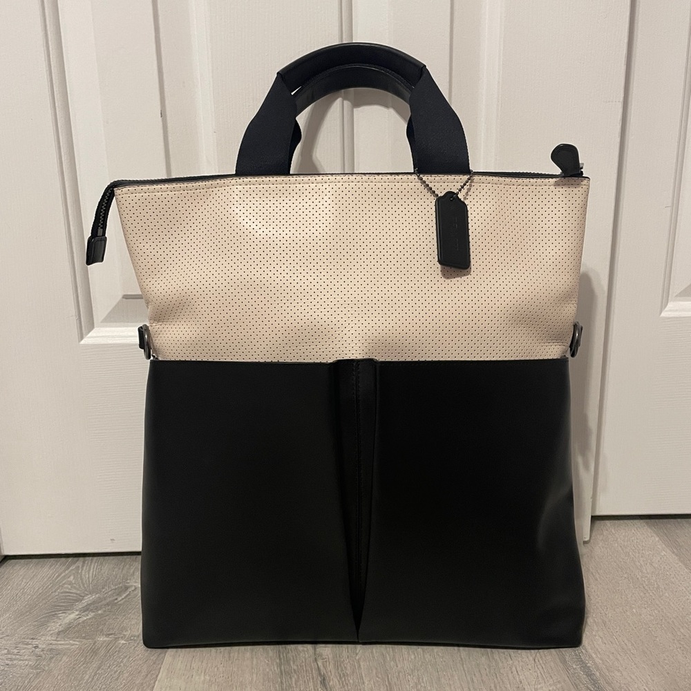 Coach F57569 Perforated Leather Fold Over Tote Bag Black White